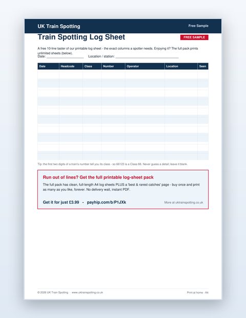 Sample interior page from Free UK Train Log Sheet